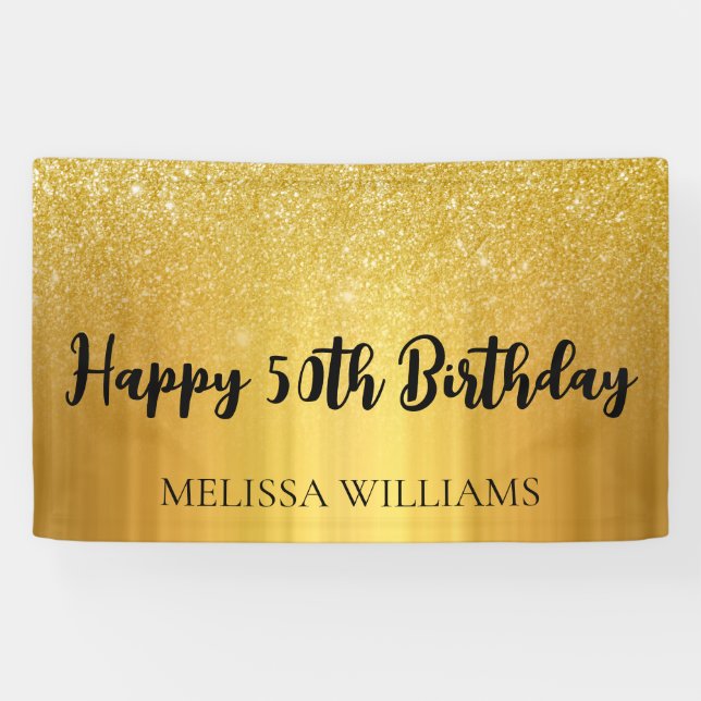 Black and Gold Glitter Happy 50th Birthday Banner (Horizontal)
