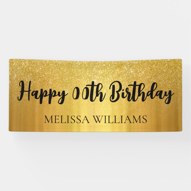 Black and Gold Glitter Happy Birthday Banner (Horizontal)