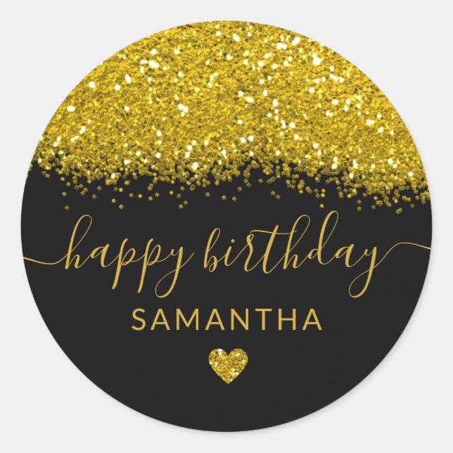 Black And Gold Glitter Happy Birthday Personalised Classic Round Sticker (Front)