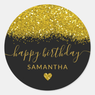 Black And Gold Glitter Happy Birthday Personalised Classic Round Sticker