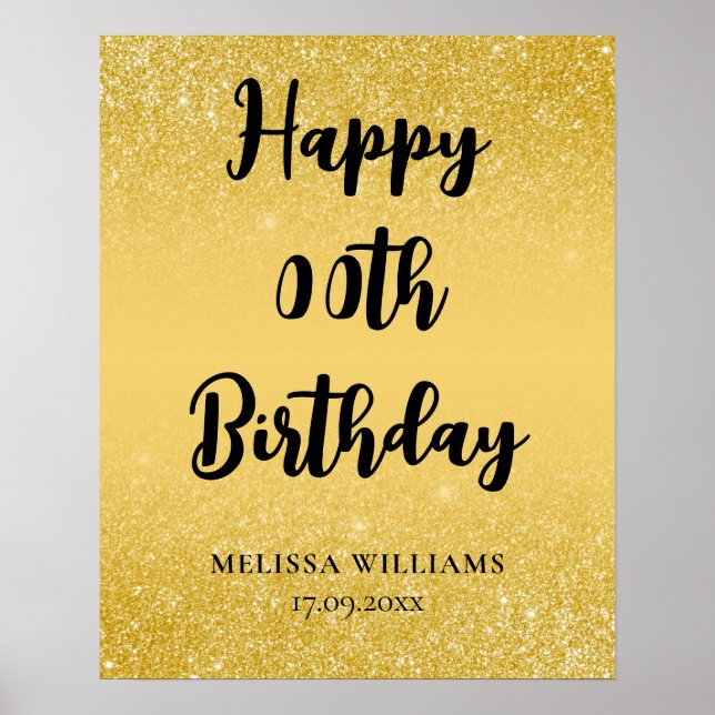Black and Gold Glitter Happy Birthday Poster (Front)