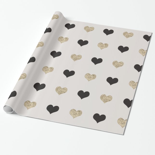 Black and Gold Glitter Hearts Wrapping Paper (Unrolled)