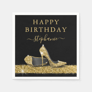 Black and Gold Glitter High Heels Birthday Napkin