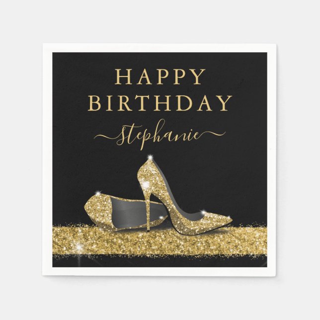 Black and Gold Glitter High Heels Birthday Napkin (Front)