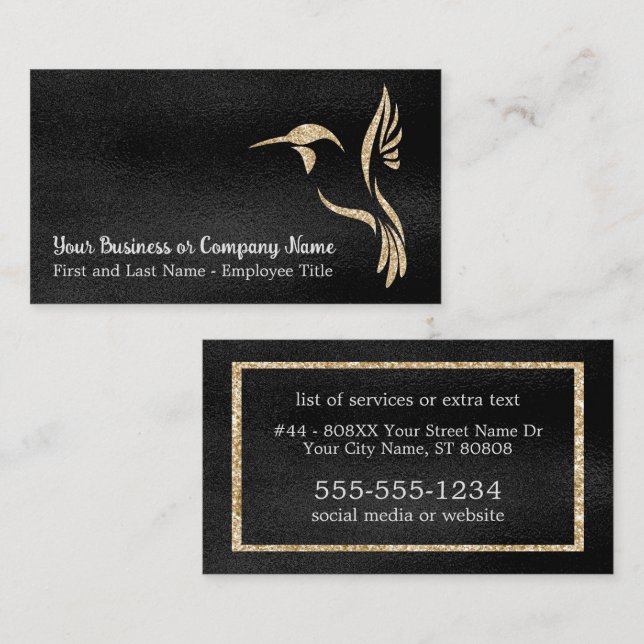 Black and Gold Glitter Hummingbird Business Card (Front/Back)