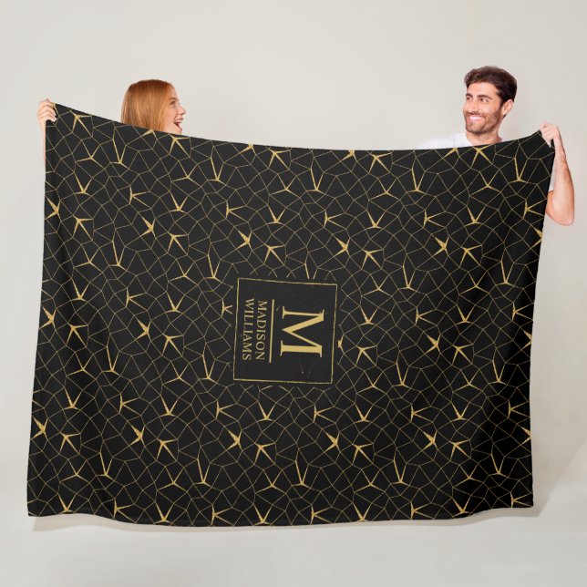 Black and Gold Glitter Luxury Geometric Pattern Fleece Blanket (In Situ)