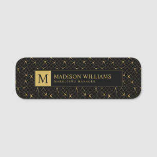 Black and Gold Glitter Luxury Geometric Pattern Name Tag
