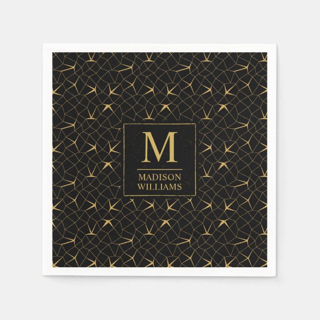 Black and Gold Glitter Luxury Geometric Pattern Napkin (Front)
