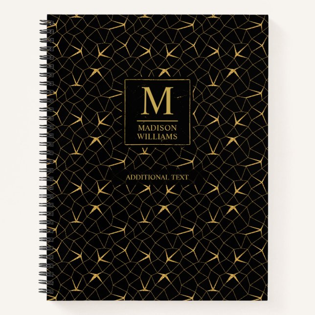 Black and Gold Glitter Luxury Geometric Pattern Notebook (Front)