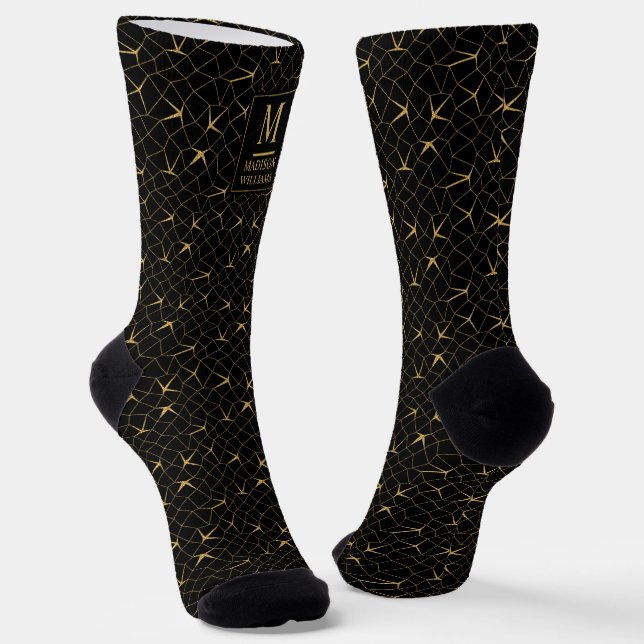 Black and Gold Glitter Luxury Geometric Pattern Socks (Angled)