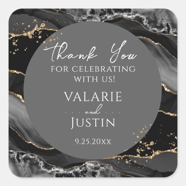 Black and Gold Glitter Marble Thank You Square Sticker (Front)