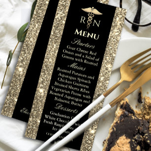 Black and Gold Glitter Medical Graduation Menu  Invitation