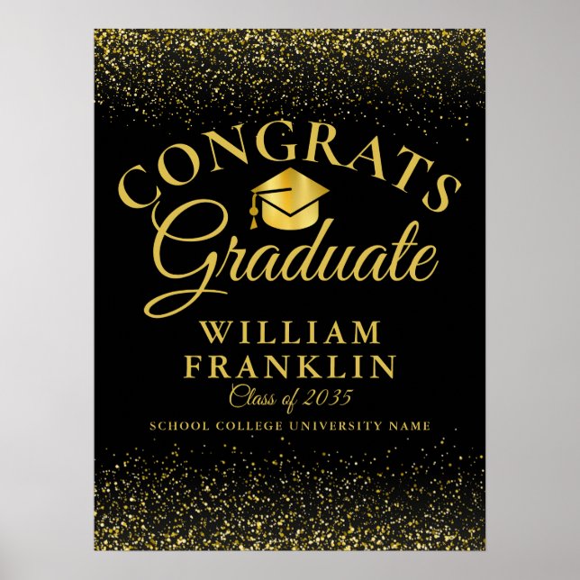 Black And Gold Glitter Modern Graduation Sign (Front)