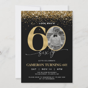 Black and Gold Glitter Modern Photo 60th Birthday Invitation