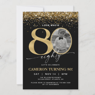 Black and Gold Glitter Modern Photo 80th Birthday Invitation