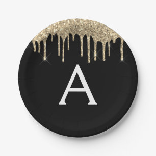 Black and Gold Glitter Monogram Birthday Paper Plate