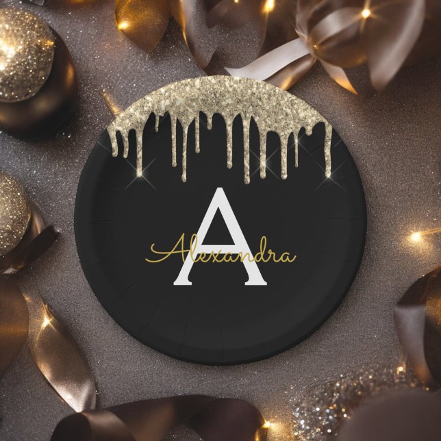 Black and Gold Glitter Monogram Birthday Paper Plate (Creator Uploaded)
