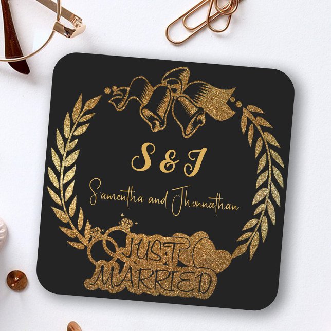  Black and Gold Glitter Monogram Just Married Square Paper Coaster (Creator Uploaded)
