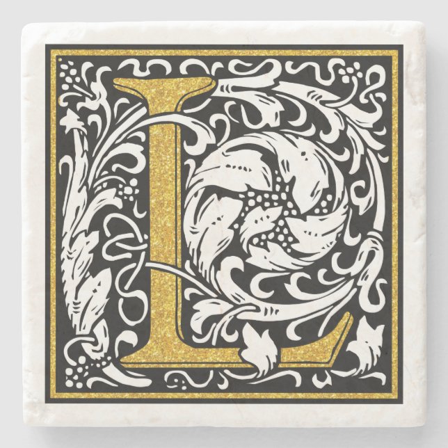 Black And Gold Glitter Monogram L Floral Accents Stone Coaster (Front)