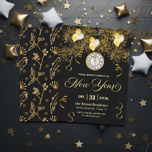 Black and Gold Glitter New Year's Eve Party  Invitation