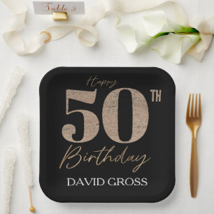 Black and Gold Glitter Numeral 50th Birthday Paper Plate