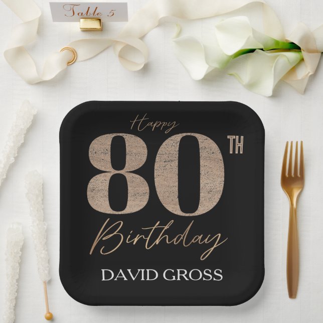 Black and Gold Glitter Numeral 80th Birthday  Paper Plate (Wedding)