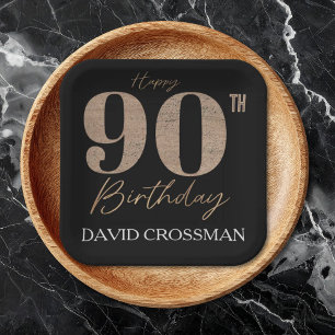 Black and Gold Glitter Numeral 90th Birthday Paper Plate