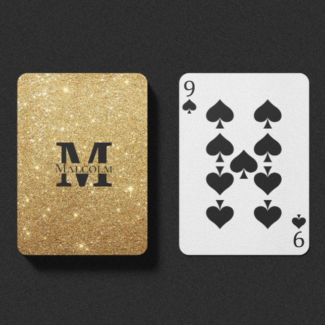 Black and Gold Glitter Personalised Monogram Name Playing Cards (Creator Uploaded)