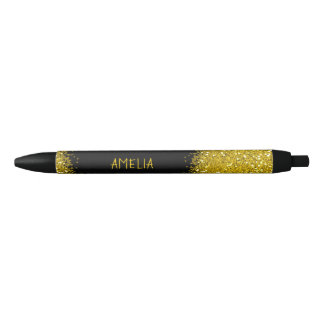 Black And Gold Glitter Personalised Name Black Ink Pen