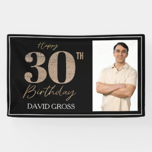 Black and Gold Glitter Photo 30th Birthday  Banner