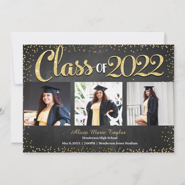 Black and Gold Glitter Photo Graduation  Invitatio Invitation (Front)