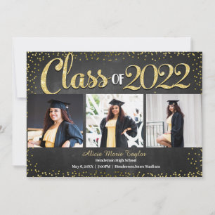 Black and Gold Glitter Photo Graduation  Invitatio Invitation