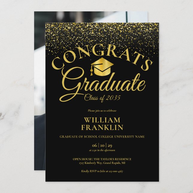 Black And Gold Glitter Photo Graduation Party Invitation (Front/Back)