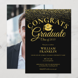 Black And Gold Glitter Photo Graduation Party Invitation