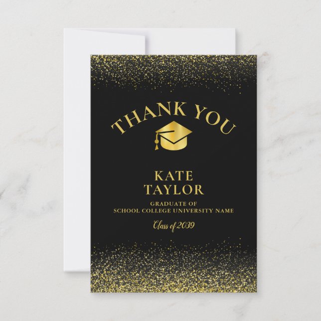 Black And Gold Glitter Photo Graduation Thank You Card (Front)