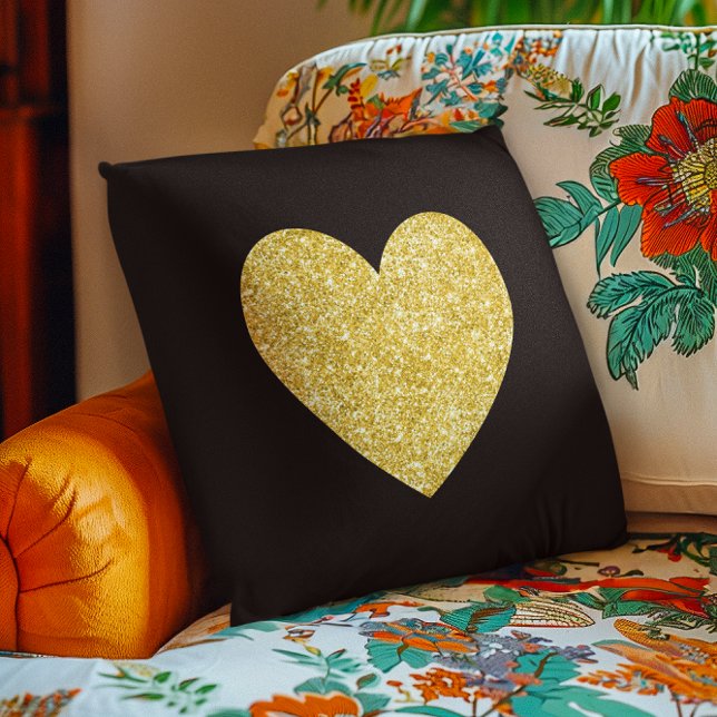 Black and Gold Glitter Photo Heart Cushion (Black and Gold Glitter Photo Heart Throw Pillow)