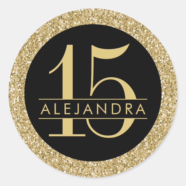 Black and Gold Glitter Quince Años Sticker Label (Front)
