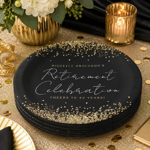 Black and Gold Glitter Retirement Paper Plates