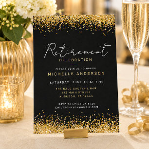 Black and Gold Glitter Retirement Party Invitation