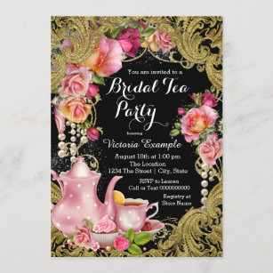 Black and Gold Glitter Rose Tea Party Invitation