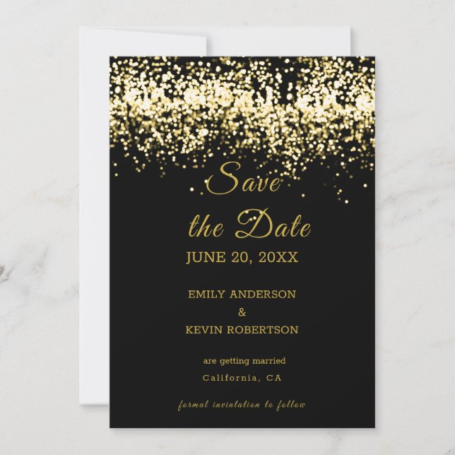 Black and Gold Glitter Save the Date Invitation (Front)