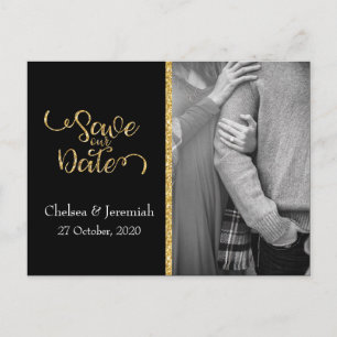 Black and Gold Glitter Save the Date Postcard