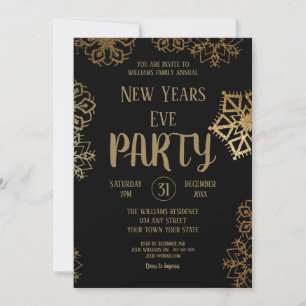 Black and Gold Glitter Snowflake   New Years Eve Invitation