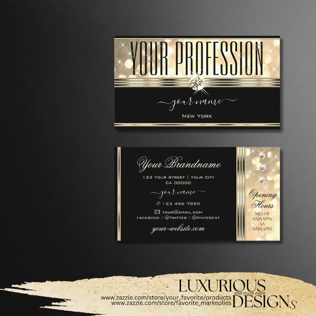 Black and Gold Glitter Sparkle Stars with Diamonds Business Card (Creator Uploaded)