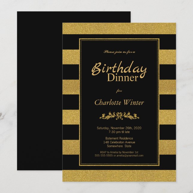 Black and Gold Glitter Striped Birthday Dinner Invitation (Front/Back)