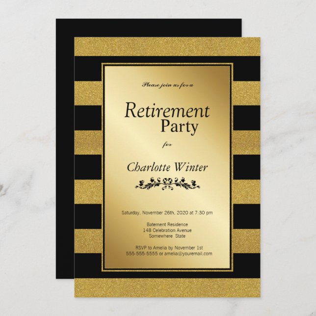 Black and Gold Glitter Striped Retirement Party Invitation (Front/Back)