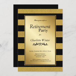 Black and Gold Glitter Striped Retirement Party Invitation