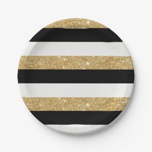 Black and Gold Glitter Stripes Paper Plate