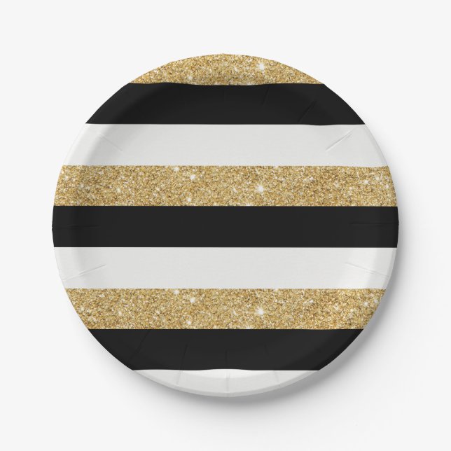 Black and Gold Glitter Stripes Paper Plate (Front)