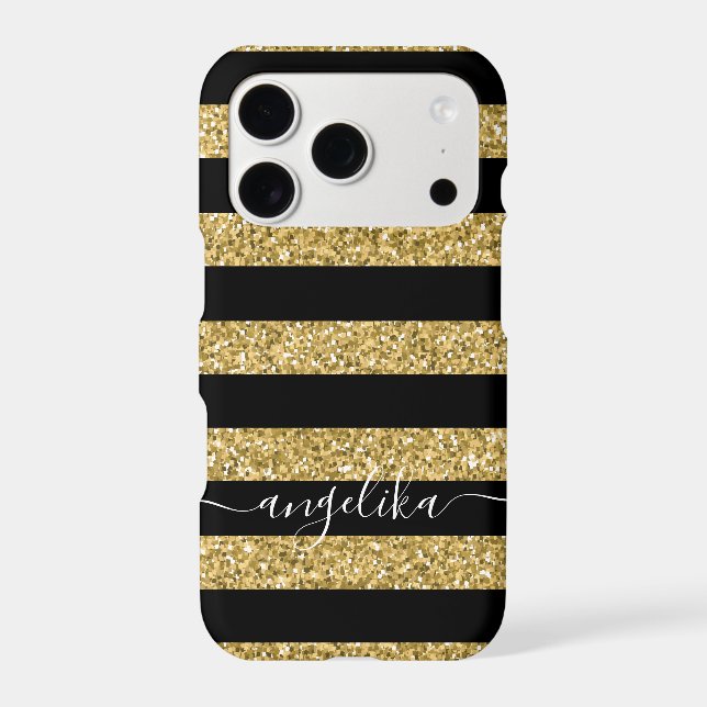 Black and Gold Glitter Stripes Script Custom Name (Back)
